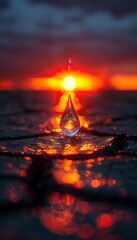 Wall Mural - A single water droplet hovers on the water surface during sunset