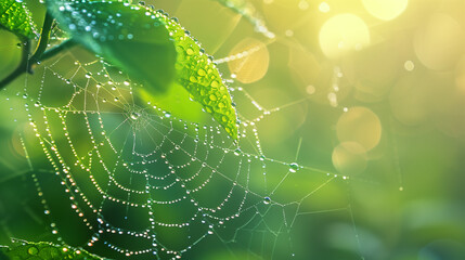 dewdrops on a spider's web, concept of the beauty of nature, created with generative AI technology