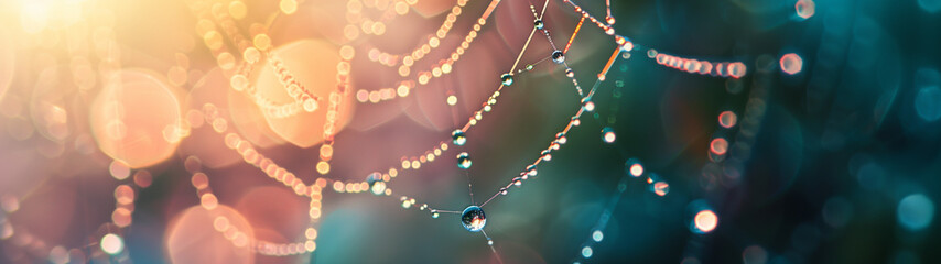 dewdrops on a spider's web, concept of the beauty of nature, created with generative AI technology