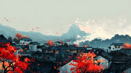 Poster - Autumn Scene in a Chinese Village