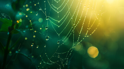 dewdrops on a spider's web, concept of the beauty of nature, created with generative AI technology