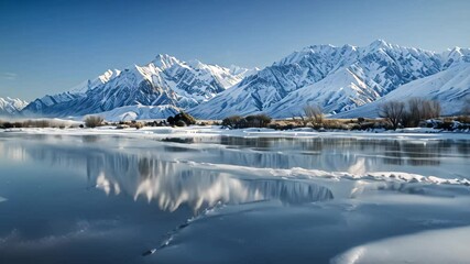 Poster - A frozen lake with snowcapped mountains in the background, creating a stunning winter landscape, Frozen lake reflecting the snow-capped mountains in the distance