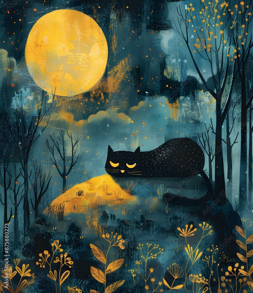Black Cat Under a Full Moon in a Forest Stock Illustration | Adobe Stock