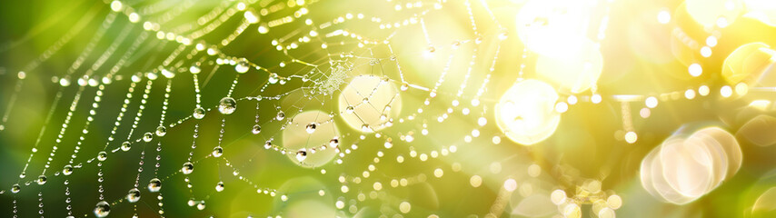 dewdrops on a spider's web, concept of the beauty of nature, created with generative AI technology