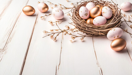 Wall Mural - Beautiful easter eggs in pink with nest and flowers and copy space