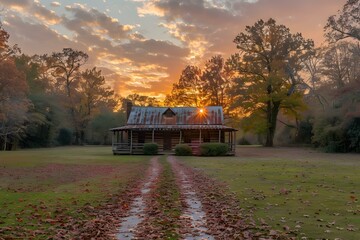 Sticker - Log Cabin Sunset Fall Foliage