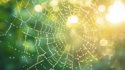 dewdrops on a spider's web, concept of the beauty of nature, created with generative AI technology
