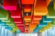 © juni studio - A ceiling with suspended acoustic baffles in vibrant colors, enhancing both aesthetics and acoustics.