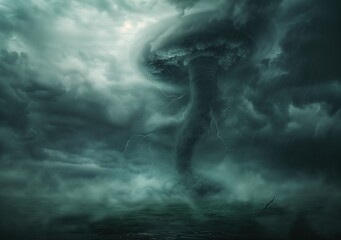 Sticker - tornado on the plain, black clouds and dark sky. natural disaster concept