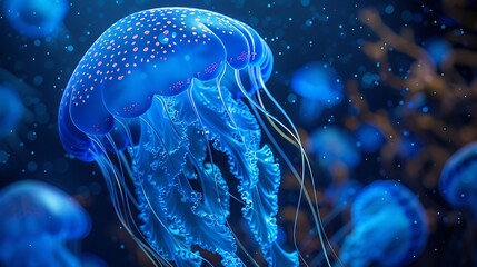 Wall Mural - Glowing blue jellyfish drifting in the ocean very detailed and realistic shape