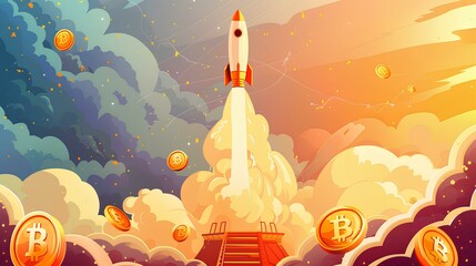 Wall Mural - background  colorful illustration of a rocket with Bitcoin