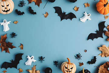 Wall Mural - Halloween frame with party decorations of pumpkins, bats, ghosts, spiders on blue background from above. Happy halloween card in flat lay style.