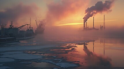 Canvas Print - Heavy winter fog in the morning above the horizon of the port and towers before dawn very detailed and realistic shape