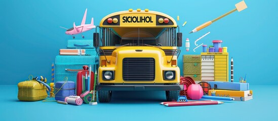 A 3D visual of a school bus amidst an array of educational accessories on a cerulean background,