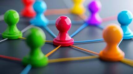 Wall Mural - colorful push pins connected by strings representing a network or teamwork concept.