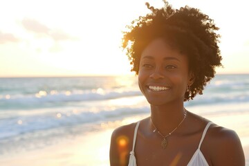 Wall Mural - A woman with curly hair is smiling at the camera on a beach