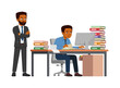 © Colorfuel Studio - man employee sit in desk working on office with computer, boss standing angry