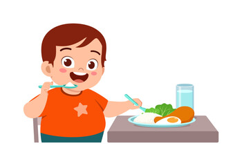 Wall Mural - little kid eat rice and chicken food and feeling happy