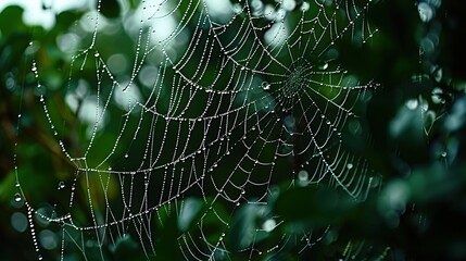 Delicate Water Droplets Adorning Spider Web During Gentle Rainfall