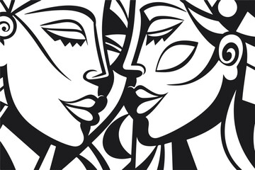 Wall Mural - Abstract art vector outline illustration of couple, man and woman portrait. Black and white coloring page of human faces.