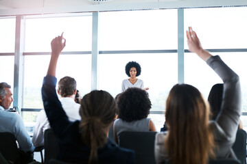 Poster - Presentation, conference and woman with question from business people for discussion, meeting and speech. Entrepreneurship, audience and men and women ask in seminar, tradeshow and convention event