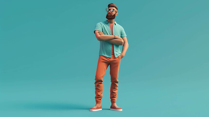 3D rendering of a young man standing with crossed arms. He is wearing a short-sleeved shirt, pants, and sneakers.