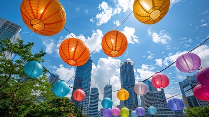 Artistic lantern installation symbolizing harmony and cultural diversity in a public square Stock Photo with copy space