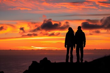 Wall Mural - A couple is watching the sunset on the cliff.