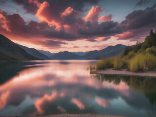 Wall Mural - A serene sunset over a tranquil lake surrounded by mountains, with a vibrant sky reflecting on the calm water.