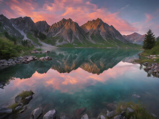 Wall Mural - A serene sunset over a tranquil lake surrounded by mountains, with a vibrant sky reflecting on the calm water.