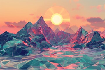 Sticker - An abstract geometric landscape with pixelated mountains and a low-poly sun