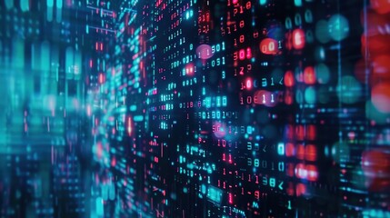 Glowing Binary Code Cascading on Dark Digital Screen - Abstract Technological Background