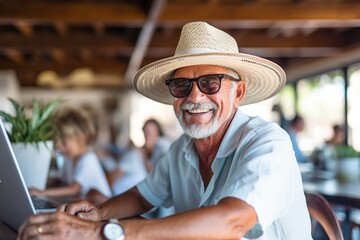 Retired smiling man using laptop in coffee bar.