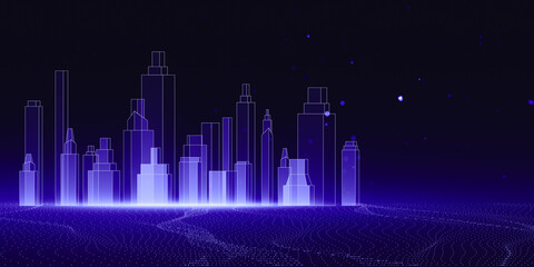 Canvas Print - A digital illustration of a futuristic smart city skyline with glowing outlines on a dark, starry cyberspace background, concept of advanced technology. 3D Rendering