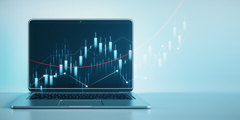 Wall Mural - Laptop on blue background projecting stock market analysis graph, symbolizing financial data analysis, trading concept. 3D Rendering