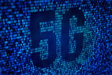 Sticker - Close-up of digital binary code on a screen, with a focus on the concept of data and cybersecurity, set against a dark blue background. 3D Rendering