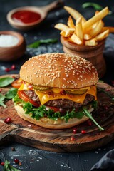 cheeseburger with fre fries on a wooden plate, Generative AI,