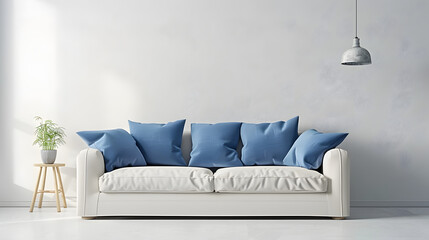 A white sofa with blue cushions against a light empty wall