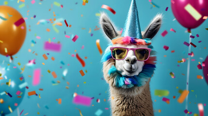 Poster - Happy Birthday, carnival, New Year's eve, sylvester or other festive celebration, funny animals card - Alpaca with party hat and sunglasses on blue background with confetti