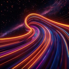 Wall Mural - An artistic composition featuring curvilinear streaks of neon light creating an abstract tunnel effect against a backdrop of deep space blackness - emphasizing 