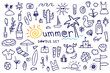 © v1ra - Summer doodle hand drawn set, set of elements, vector set. Beach party, sea, travel, vacation. Illustration of tropical leaves, fruits cocktails sketches, sand castles, swimsuits, ice creams etc.