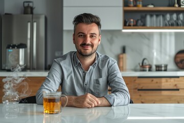 A man is sitting at a table with a cup of tea in front of him