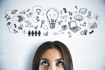Aufkleber - Woman looking up at hand-drawn business strategy and innovation icons on a white background, concept of creativity and planning