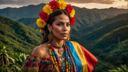 Wall Mural - A woman wearing a colorful Bolivian headdress. Of mixed race