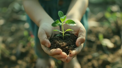 Wall Mural - hand children holding young plant. concept eco earth day