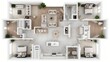 © tinnakorn - Top-down view of a modern, spacious apartment floor plan with three bedrooms, two bathrooms, and an open kitchen and living area.
