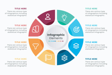 Infographic elements design template, A circle infographic with 8 steps can be used for workflow layout, presentation, diagram, banner, web design, and vector illustration.