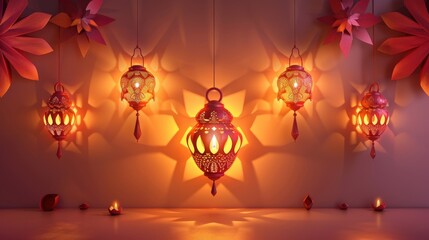 Sticker - A room with four hanging lanterns, each with a different design