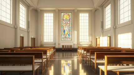 Wall Mural - A hospital chapel with stained glass windows and rows of pews, offering a peaceful place for prayer, reflection, and emotional support for patients and their families