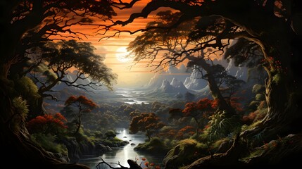 Wall Mural - Fantasy landscape with lake, mountains and trees. Digital art painting.